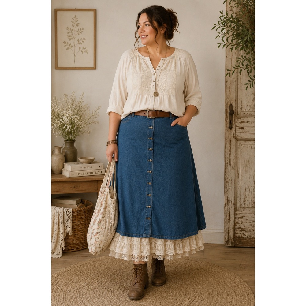 Woman Within Button Front A-Line Midi 90s Denim Skirt Wms 22W Blue Cottagecore - Picture 1 of 10